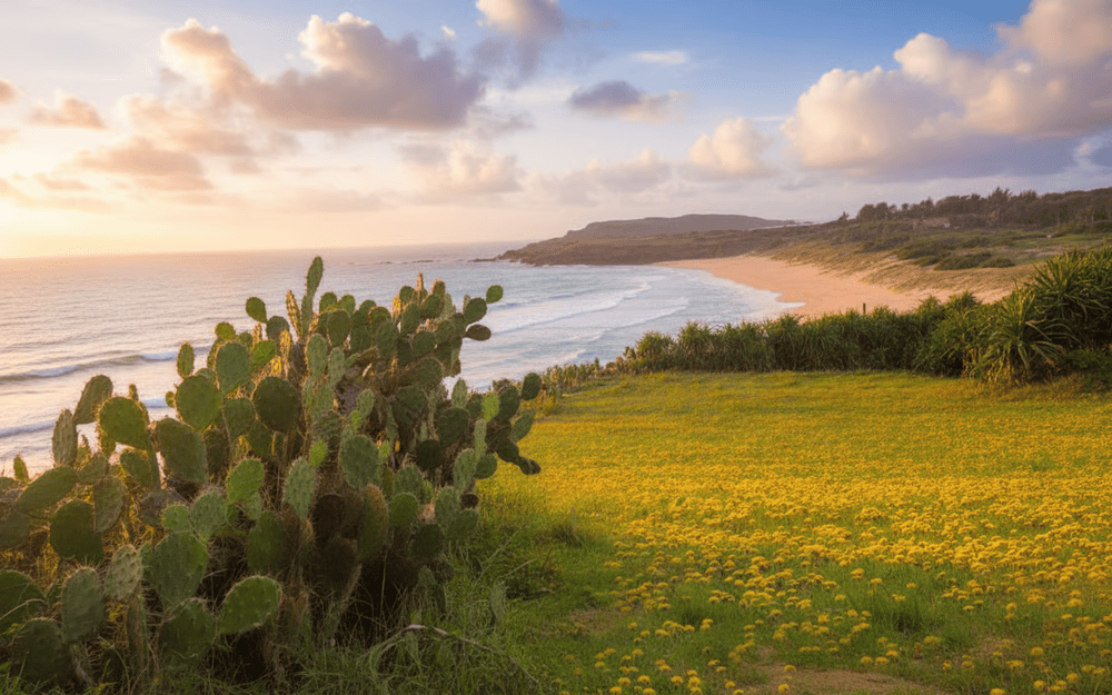 Bãi Xép nổi bật với thảm cỏ xanh mướt trên sườn đồi sát biển